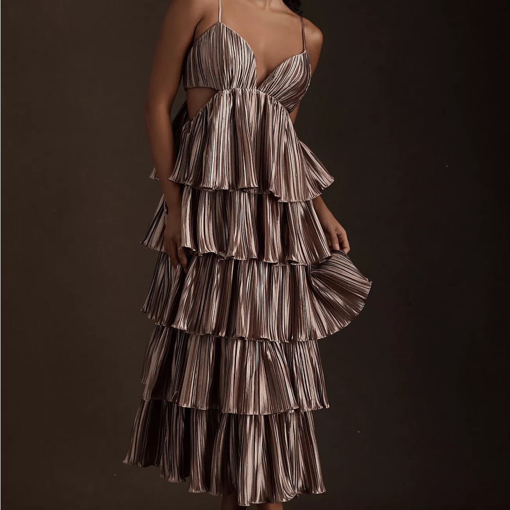 Bhldn By Carly Cushnie Brenna Tiered Pleated V-Neck Cutout Midi Dress